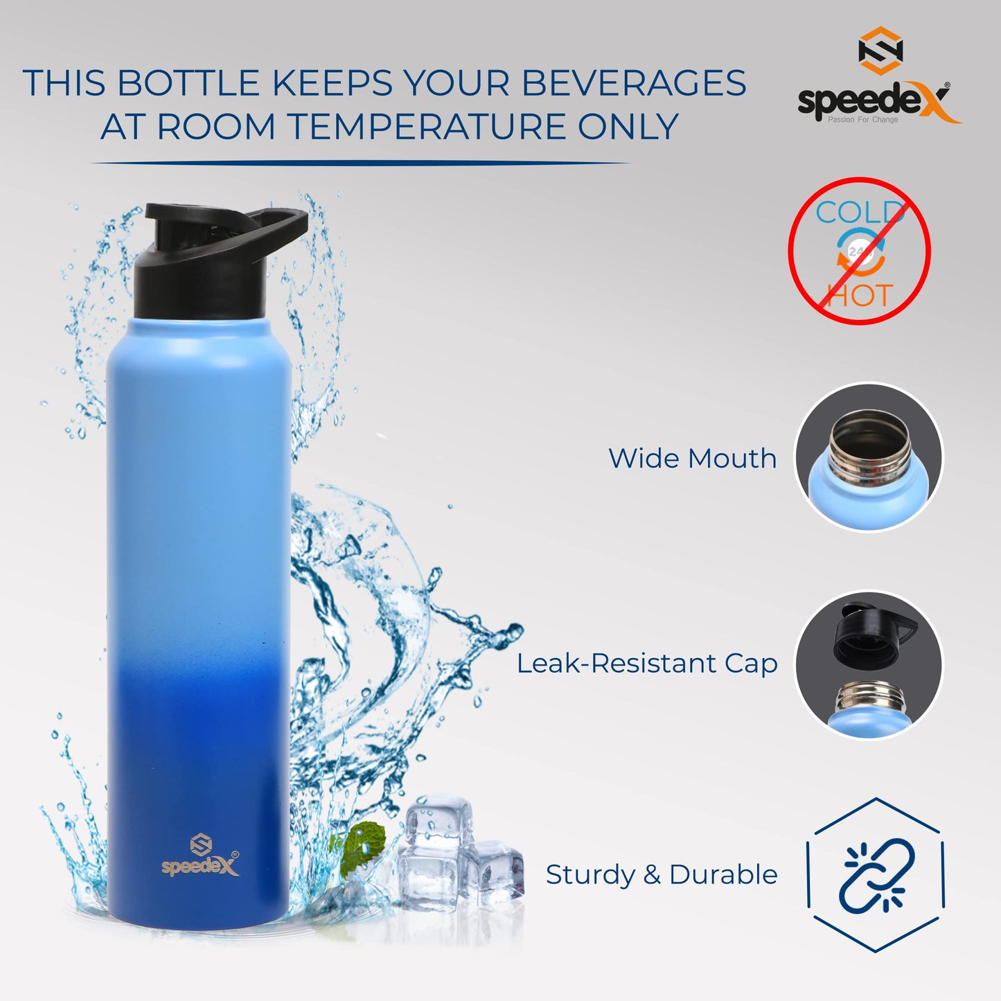 Speedex Stainless Steel Water Bottle 1 Ltr For Kids, Boys, Girls, 1 Litre Bottles for Gym, Sports, Fridge Use, School & Office - 1000ml, Blue Blue Colour, Set of 1, Sipper Cap